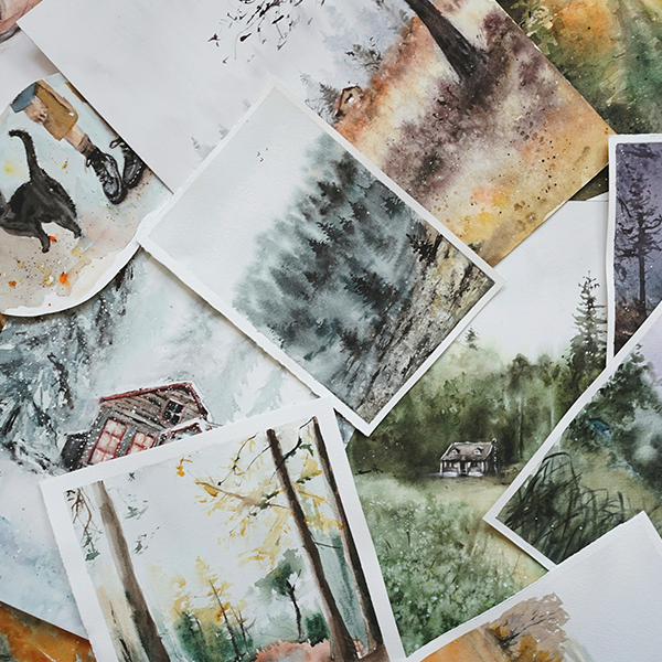 Various woodland watercolour paintings laying over