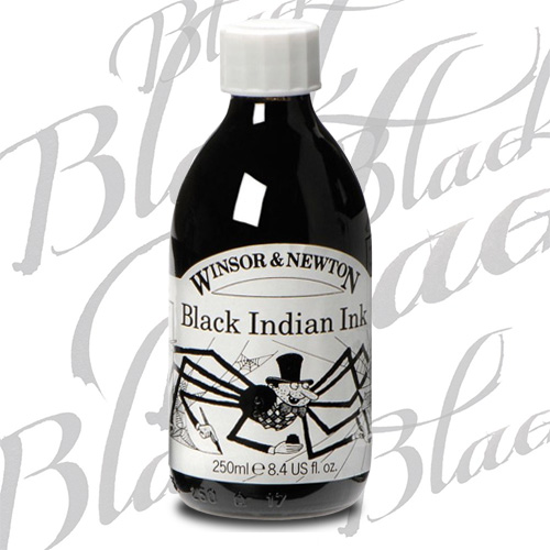 Large 250ml bottle of classic black indian ink, on